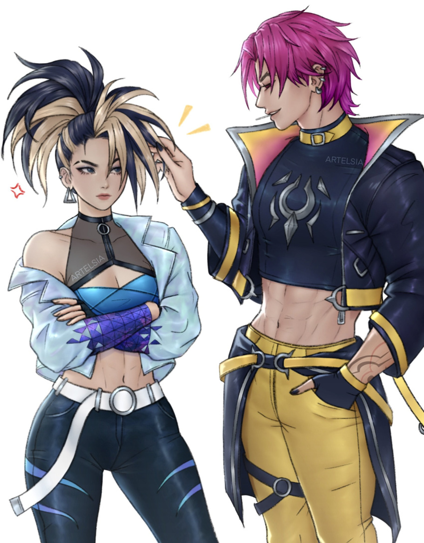 1boy akali anger_vein artelsia artist_name belt black_gloves black_hair black_jacket black_pants blonde_hair breasts cleavage crop_top crossed_arms earrings female fingerless_gloves gloves grey_jacket heartsteel_kayn highres jacket jewelry k/da_(league_of_legends) k/da_all_out_akali kayn_(league_of_legends) large_breasts league_of_legends looking_at_another midriff multicolored_hair navel open_clothes open_jacket pants pink_hair profile shiny_clothes simple_background single_bare_shoulder smile standing stomach triangle_earrings two-tone_hair white_background white_belt yellow_pants