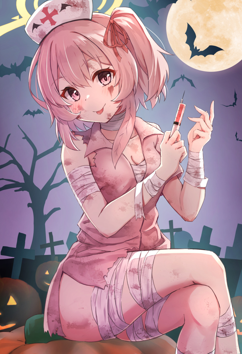 animal ass bandaged_arm bandaged_chest bandaged_leg bandages bat_(animal) blue_archive blush breasts cleavage closed_mouth collarbone dress feet_out_of_frame female graveyard hair_between_eyes hair_ribbon halloween halloween_costume halo hat highres holding holding_syringe jack-o'-lantern looking_at_viewer matsu520 md5_mismatch nurse_cap one_side_up pink_dress pink_eyes pink_hair red_ribbon revision ribbon serina_(blue_archive) serina_(nurse)_(blue_archive) short_hair short_sleeves smile solo syringe tombstone tongue tongue_out white_hat yellow_halo