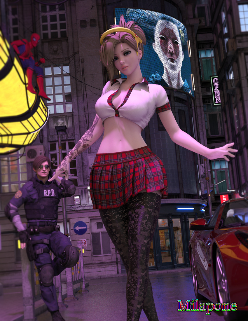 1girls 2boys 3d capcom crossover eastern_and_western_character female female_focus legs leon_scott_kennedy male marvel mercy milapone overwatch resident_evil resident_evil_2 resident_evil_2_remake school_uniform schoolgirl skirt spider-man spider-man_(series) stockings straight_hair tattoo