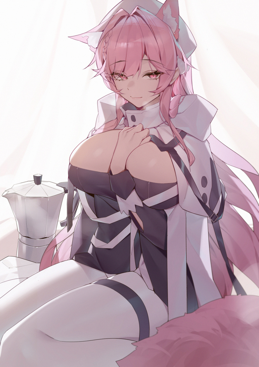 absurdres animal_ears arknights black_jacket breasts commentary_request darling0221 extra_ears female hair_intakes highres jacket kettle large_breasts leggings long_hair long_sleeves looking_at_viewer official_alternate_costume pants pink_eyes pink_hair pozyomka_(arknights) pozyomka_(snowy_plains_in_words)_(arknights) sitting smile solo thigh_strap thighs very_long_hair wariza white_pants wolf_ears