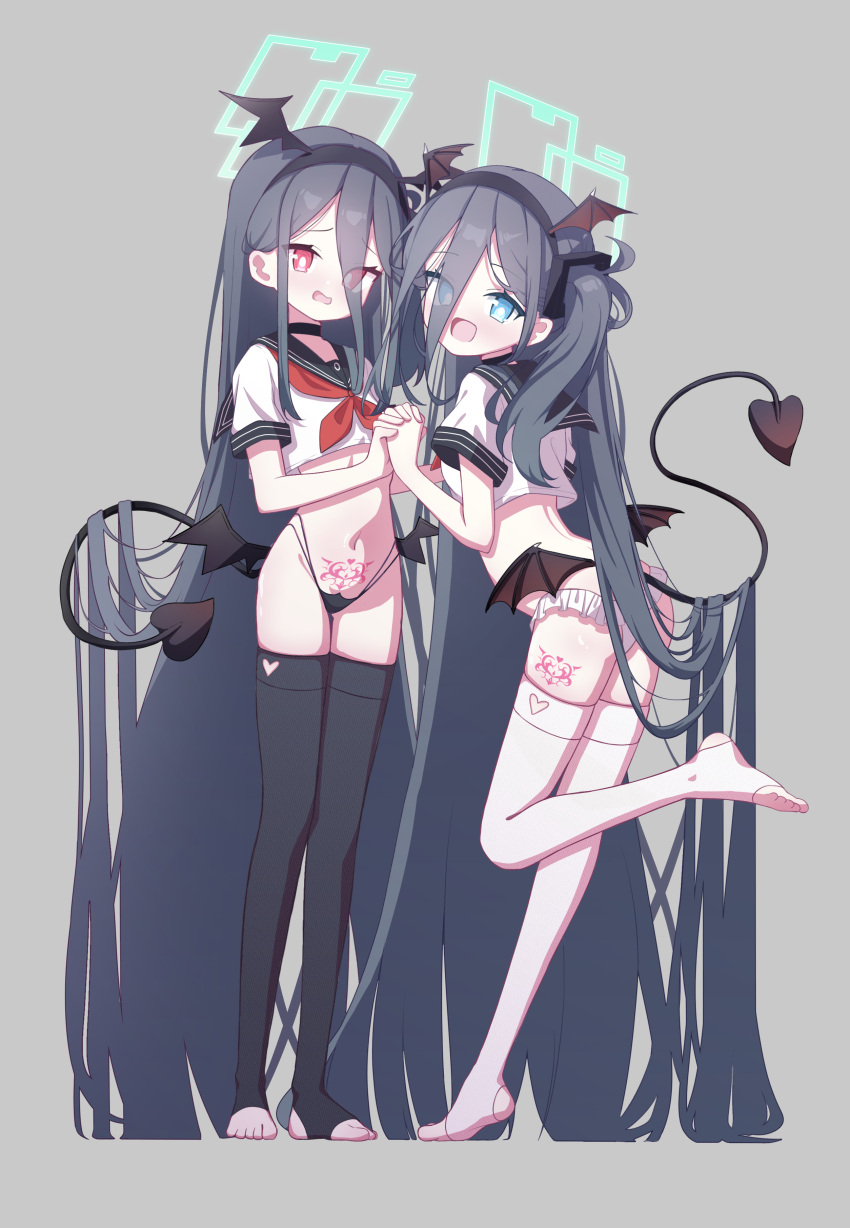 <key>_(blue_archive) 2girls 525_woiwo absurdly_long_hair absurdres aris_(blue_archive) black_hair black_leggings black_sailor_collar black_wings blue_archive blue_eyes blush demon_tail demon_wings english_commentary green_halo grey_background halo head_wings highres leg_tattoo leggings long_hair multiple_girls navel neckerchief one_side_up open_mouth pubic_tattoo red_eyes red_neckerchief revision ringed_eyes sailor_collar short_sleeves simple_background smile tail tattoo very_long_hair white_leggings wings