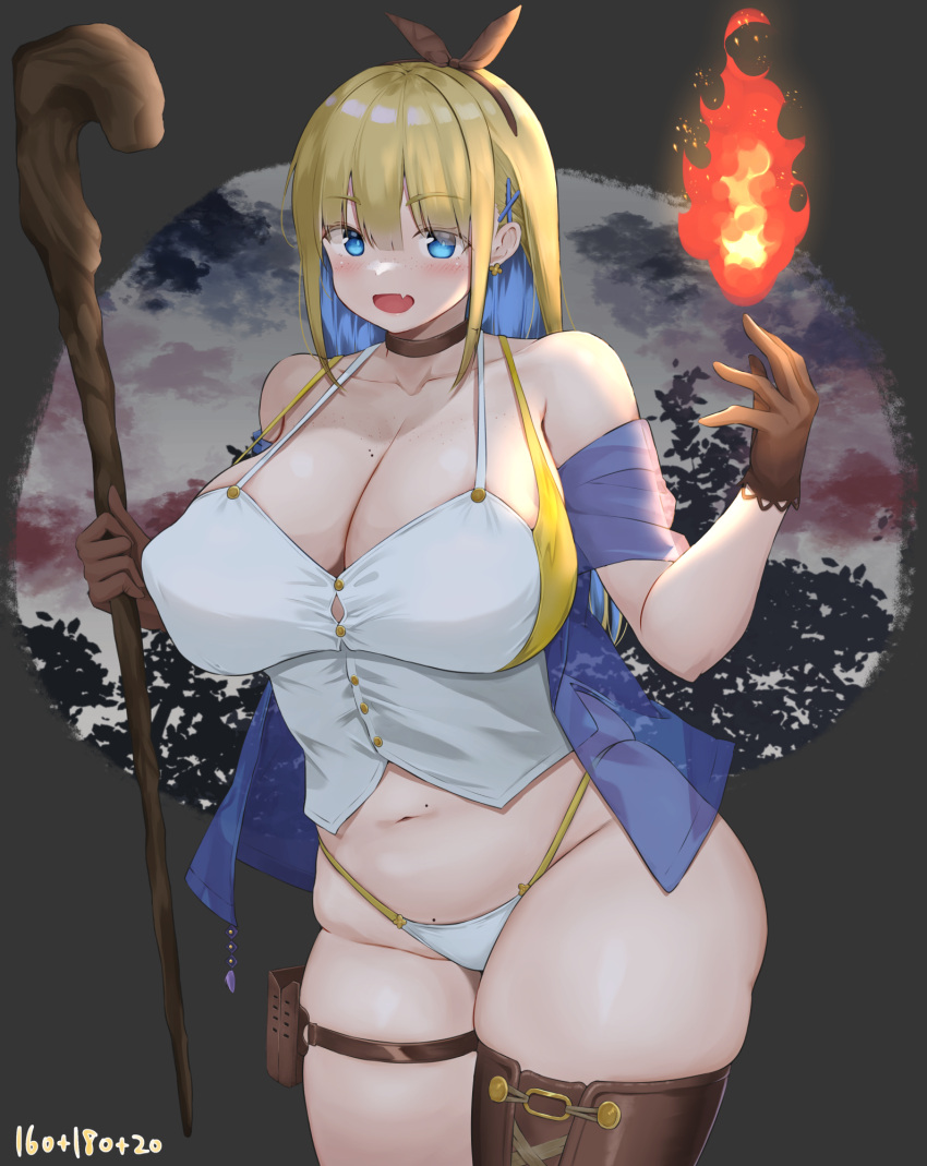 aymusk black_choker blonde_hair blue_hair blue_jacket blush bow breasts bustier choker cleavage collarbone colored_inner_hair commentary_request covered_nipples curvy female fire freckles-chan_(aymusk) groin hair_ornament hairbow highres holding holding_staff huge_breasts jacket large_breasts long_hair mage_staff midriff multicolored_hair navel night oerba_yun_fang original panties see-through see-through_jacket shirt sidelocks single_thighhigh skin_fang smile solo staff standing thigh_strap thighhighs thighs underwear white_panties white_shirt wizard x_hair_ornament