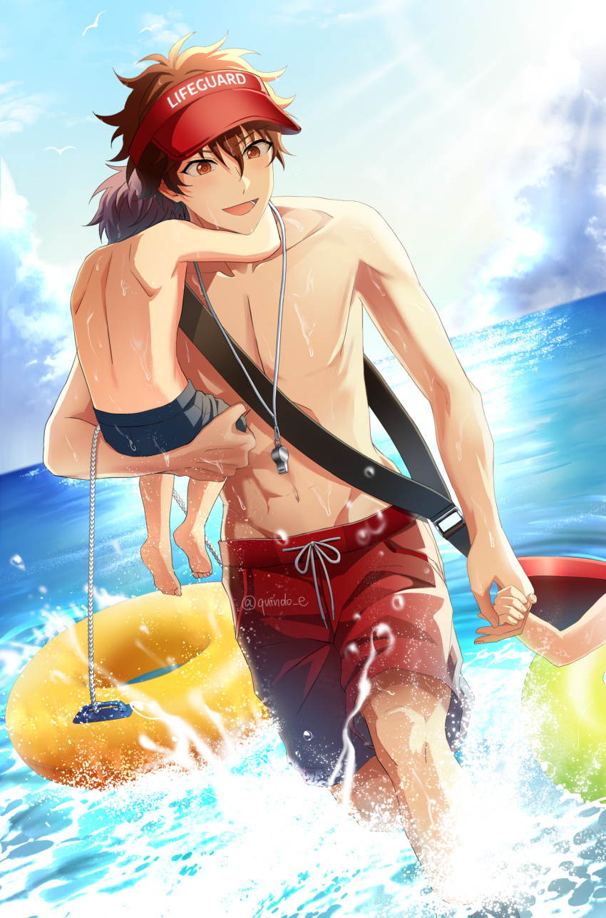 3boys absurdres beach blue_male_swimwear brown_eyes brown_hair carrying ensemble_stars! highres innertube kindo lifeguard male_focus male_swimwear morisawa_chiaki multiple_boys navel ocean open_mouth red_male_swimwear short_hair smile stomach swim_ring topless_male visor_cap