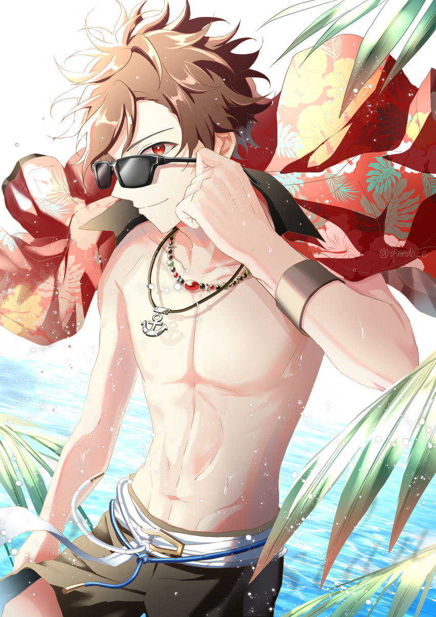 1boy absurdres black_male_swimwear brown_hair ensemble_stars! highres jewelry kindo male_focus male_swimwear morisawa_chiaki muscular muscular_male navel necklace red_eyes red_shirt shirt short_hair solo sunglasses topless_male water_drop