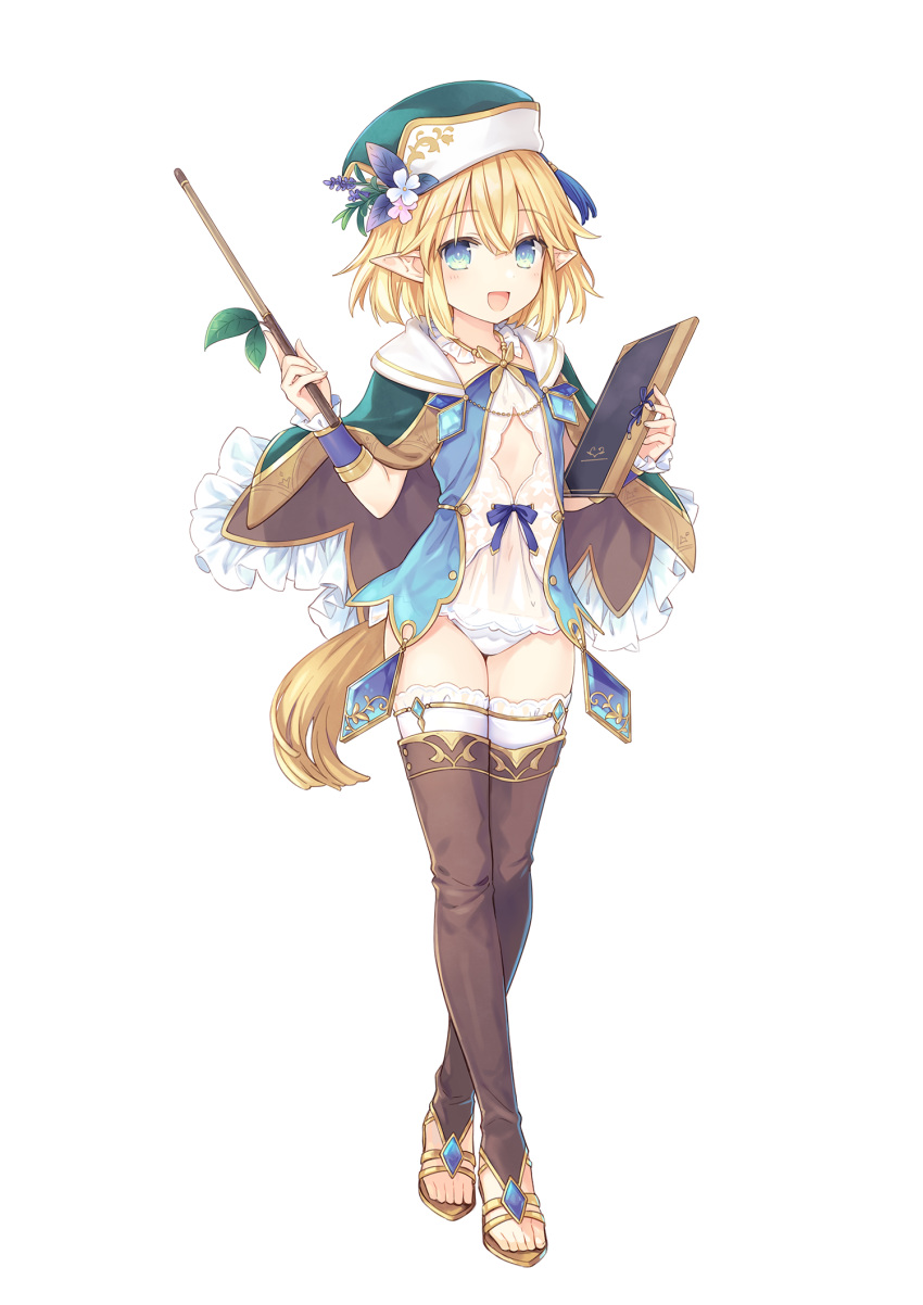 blonde_hair blue_eyes book cape cleavage_cutout clothing_cutout criss-cross_halter crossed_legs dress elf elf_village female flat_chest flower frilled_arm_wamers full_body hair_flower hair_ornament halterneck hat hat_tassel highres holding holding_book holding_pointer leaf long_hair microdress monica_(elf_village) official_art open_mouth panties petite pointer pointy_ears sandals solo teacher thighhighs transparent_background tsunako underwear very_long_hair watson_cross white_panties