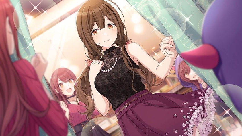 3girls ahoge alstroemeria_(idolmaster) bare_arms bare_shoulders belt breasts brown_eyes brown_hair choker clenched_hand curtain_grab curtains demon_hood fitting_room floral_print frilled_skirt frills hair_between_eyes hair_ornament hair_scrunchie hood horned_hood horns idolmaster idolmaster_shiny_colors indoors jewelry kuwayama_chiyuki large_breasts long_hair looking_at_another low_twintails mirror multiple_girls necklace official_alternate_costume official_alternate_hairstyle official_art open_mouth osaki_amana osaki_tenka pearl_necklace scrunchie shirt skirt sleeveless sleeveless_shirt smile standing sweatdrop trying_on_clothes twintails