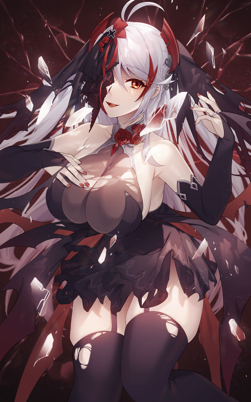 antenna_hair azur_lane bare_shoulders black_dress black_gloves blush breasts commentary_request dress female gloves hair_between_eyes highres large_breasts long_hair looking_at_viewer maitei_roppa multicolored_hair official_alternate_costume prinz_eugen_(azur_lane) prinz_eugen_(cordial_cornflower)_(azur_lane) solo streaked_hair two_side_up very_long_hair yellow_eyes