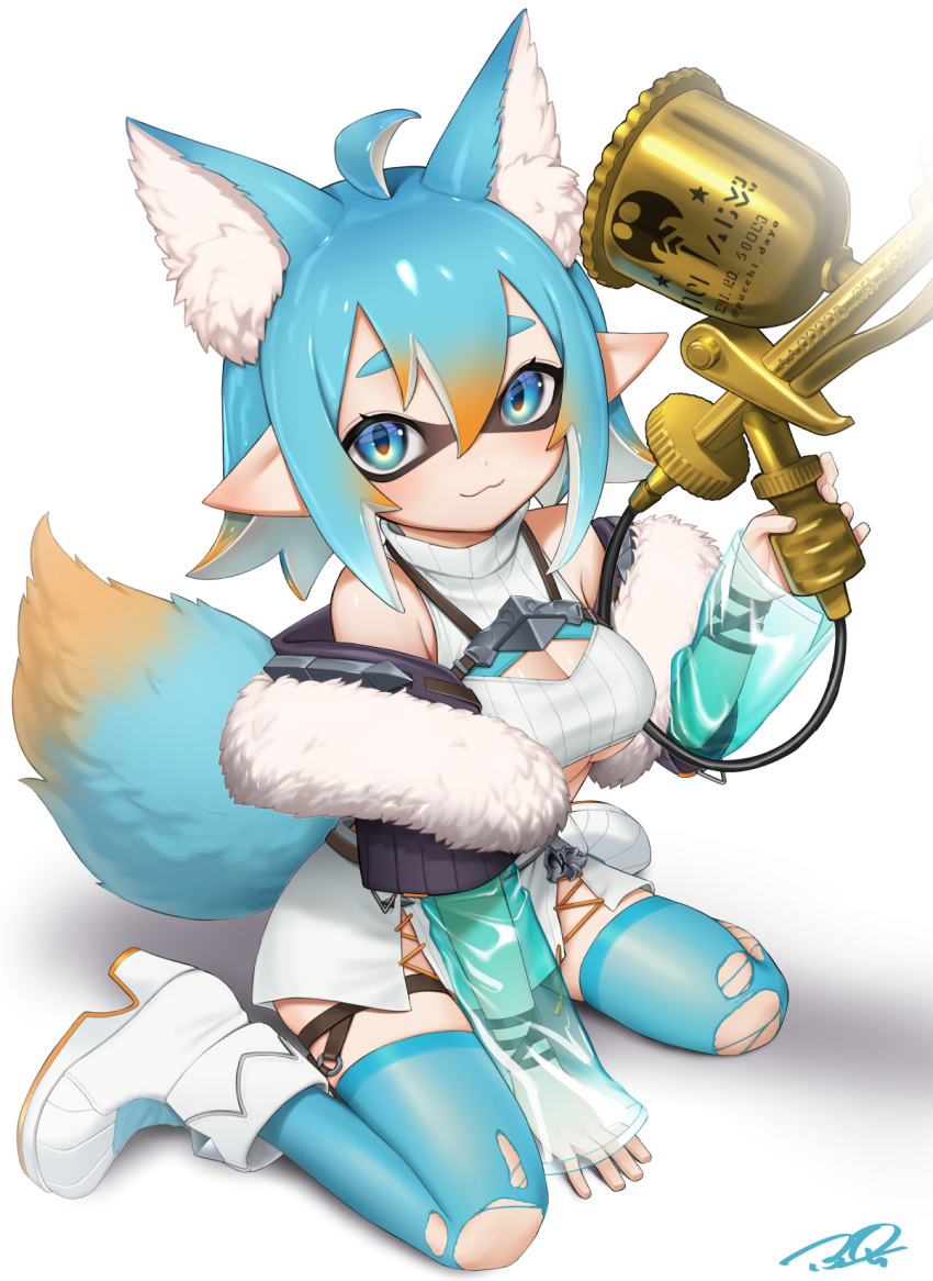 :3 aerospray_(splatoon) ahoge animal_ears armpit_crease belt between_breasts blue_eyes blue_hair boots breasts capelet cleavage commission dot_nose double-parted_bangs female fox_ears fur-trimmed_capelet fur_trim gun high_heel_boots high_heels highres holding holding_gun holding_weapon inkling inkling_girl inkling_player_character large_breasts multicolored_hair orange_hair pointy_ears puchiman short_hair sidelocks signature solo splatoon_(series) tail thighhighs torn_clothes torn_thighhighs two-tone_hair weapon white_footwear