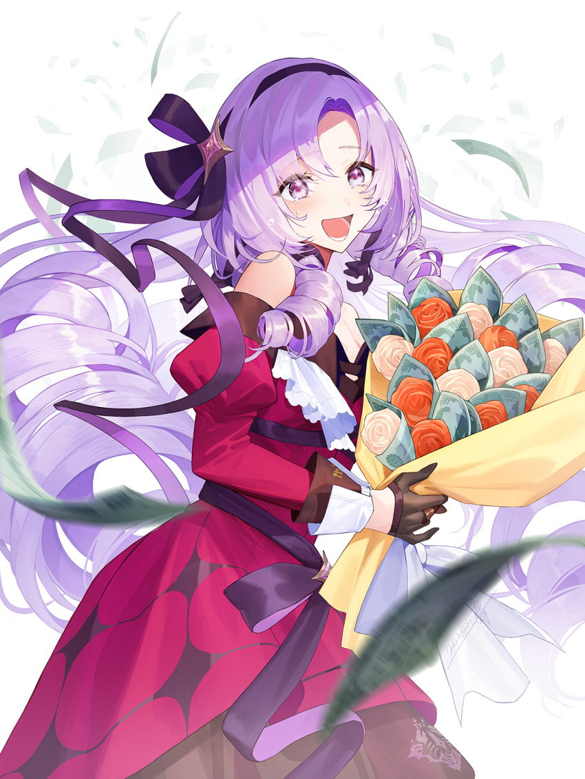 :d artist_name ascot black_gloves bouquet dated dress drill_hair female gloves hairband highres holding holding_bouquet hyakumantenbara_salome hyakumantenbara_salome_(1st_costume) long_hair looking_at_viewer money mt_(ringofive) nijisanji purple_eyes purple_hair purple_ribbon red_dress ribbon smile solo standing tears virtual_youtuber white_ascot