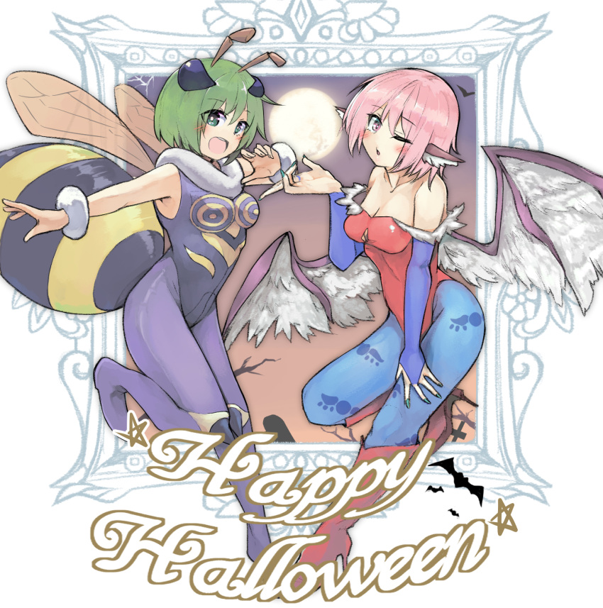 2girls abdomen_tail animal_ears antennae bird_ears bird_wings blue_pantyhose blush breast_padding breasts bridal_gauntlets cleavage cosplay fingernails ginnkei green_eyes green_hair green_nails happy_halloween highres leotard lilith_aensland lilith_aensland_(cosplay) long_fingernails medium_breasts multiple_girls mystia_lorelei nail_polish one_eye_closed open_mouth pantyhose pink_eyes pink_hair purple_pantyhose q-bee q-bee_(cosplay) red_leotard short_hair smile touhou vampire_(game) white_wings wings wriggle_nightbug