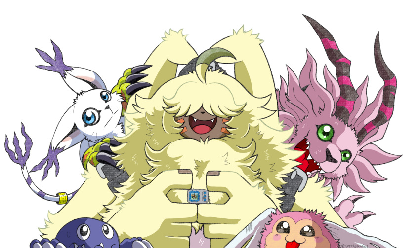 angoramon anthro bandai_namco belt blep blue_body blue_eyes blush digimon digimon_(species) female fur gatomon green_eyes group hair hair_over_eyes hi_res lagomorph leporid long_ears magnadramon male mammal otamamon pink_body pink_fur piximon ponytail_ears portugueselynx rabbit smile tongue tongue_out vpet white_body white_fur yellow_body yellow_fur