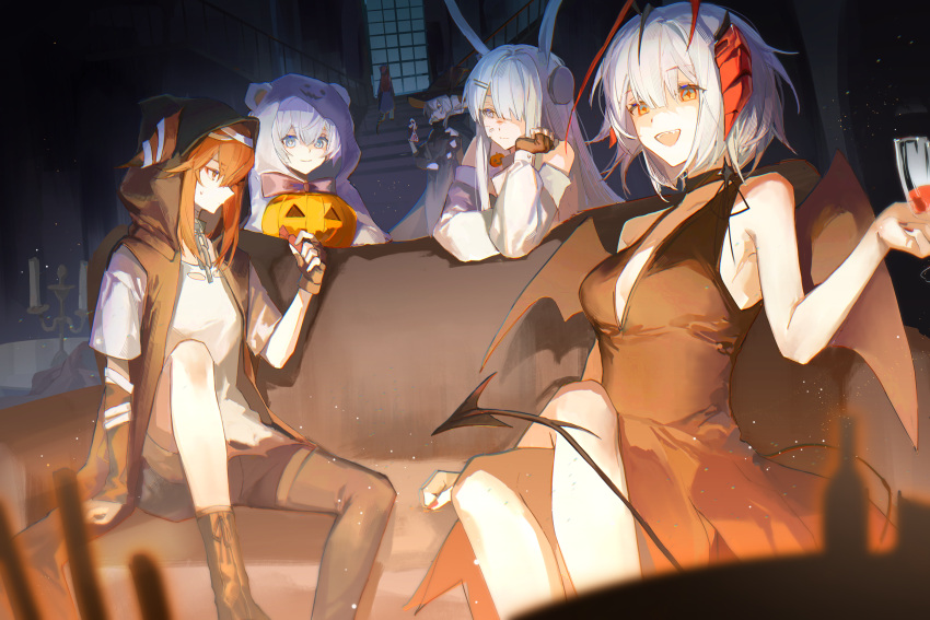 +_+ 6+girls :d absurdres animal_ears arknights bare_shoulders bear_ears bear_girl black_dress black_footwear black_gloves black_jacket black_shorts blue_eyes boots bottle breasts bucket candlestand couch crossed_legs crownslayer_(arknights) cup demon_girl demon_horns demon_tail dragon_girl dragon_tail dress drinking_glass ears_through_hood fingerless_gloves fireplace frostnova_(arknights) gloves grey_eyes hair_ornament hair_over_one_eye hairclip halloween halloween_bucket hat head_rest highres holding holding_bucket holding_cup holding_vial horns indoors jacket looking_at_viewer misha_(arknights) multiple_girls night nine_(arknights) object_through_head open_clothes open_jacket open_mouth orange_eyes orange_hair potion pumpkin rabbit_ears rabbit_girl screw_in_head shirt shorts sitting sleeveless sleeveless_dress sleeveless_jacket small_breasts smile stairs t-shirt tail talulah_(arknights) teeth upper_teeth_only w_(arknights) watanabe_kawa white_hair white_shirt window wine_glass witch_hat wolf_ears wolf_girl yellow_eyes