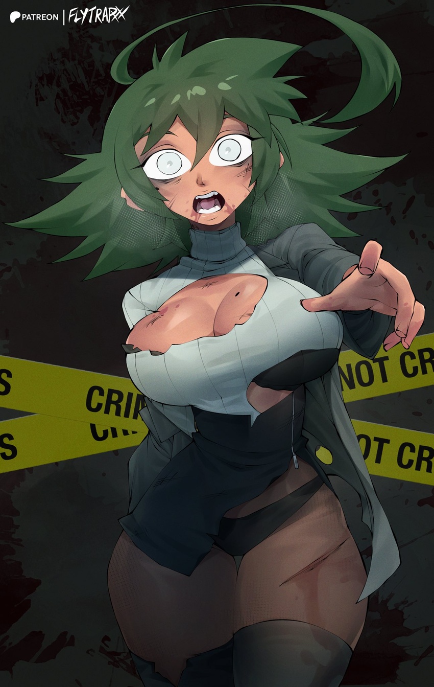 ahoge artist_name bad_end big_hair black_bra black_thighhighs blood blood_from_mouth bra breasts caution_tape cleavage cleavage_cutout clothing_cutout commentary cuts dark-skinned_female dark_skin dress empty_eyes english_commentary female flytrapxx green_hair grey_eyes highres huge_ahoge injury large_breasts liz_(flytrapxx) medium_hair no_pants original patreon_logo patreon_username reaching reaching_towards_viewer solo sweater thigh_gap thighhighs torn_clothes torn_dress torn_sweater turtleneck turtleneck_sweater underwear white_sweater zombie