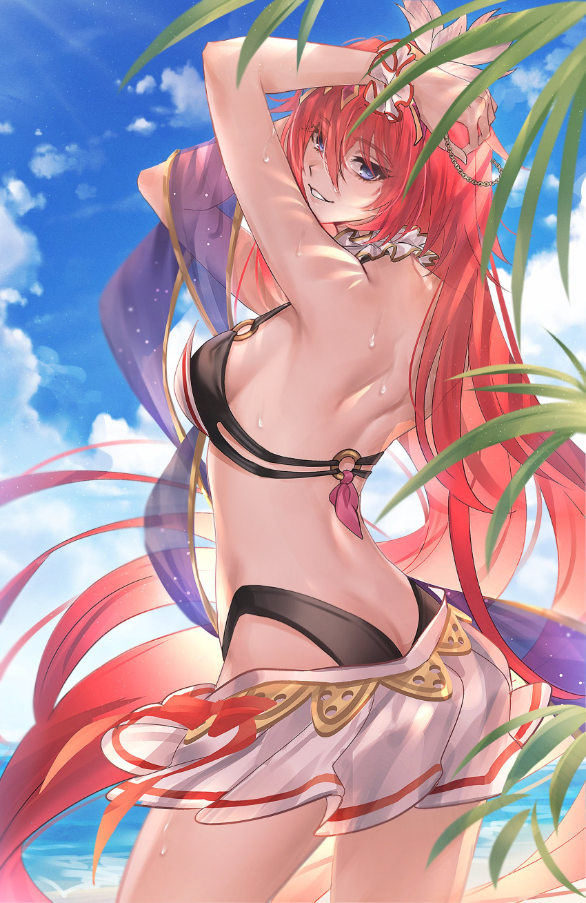 absurdres alexiel_(summer)_(granblue_fantasy) arms_up bare_shoulders beach bikini blue_eyes blush breasts butt_crack choker commentary_request feather_hair_ornament feathers female godsworn_alexiel granblue_fantasy hair_between_eyes hair_ornament highleg highleg_bikini highres layered_bikini long_hair medium_breasts muneomon_(takomon) o-ring o-ring_bikini o-ring_top ocean red_hair smile solo sweat swimsuit thighs very_long_hair white_bikini