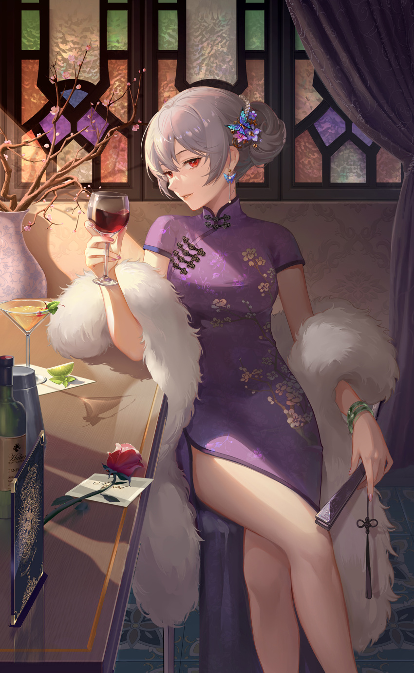 absurdres breasts china_dress chinese_clothes crazy_ones cup dress earrings female flower grey_hair hair_between_eyes highres holding holding_cup jewelry large_breasts looking_at_viewer official_art purple_dress red_eyes red_flower red_rose rose sitting solo table xia_bing_(crazy_ones)