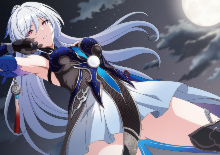 arm_up armpits bare_shoulders black_gloves blue_skirt commentary_request cowboy_shot dress female full_moon gloves highres honkai:_star_rail honkai_(series) jingliu_(honkai:_star_rail) long_hair makiri_akira moon night night_sky outdoors parted_lips pink_eyes skirt sky solo standing star_(sky) thighs very_long_hair white_hair