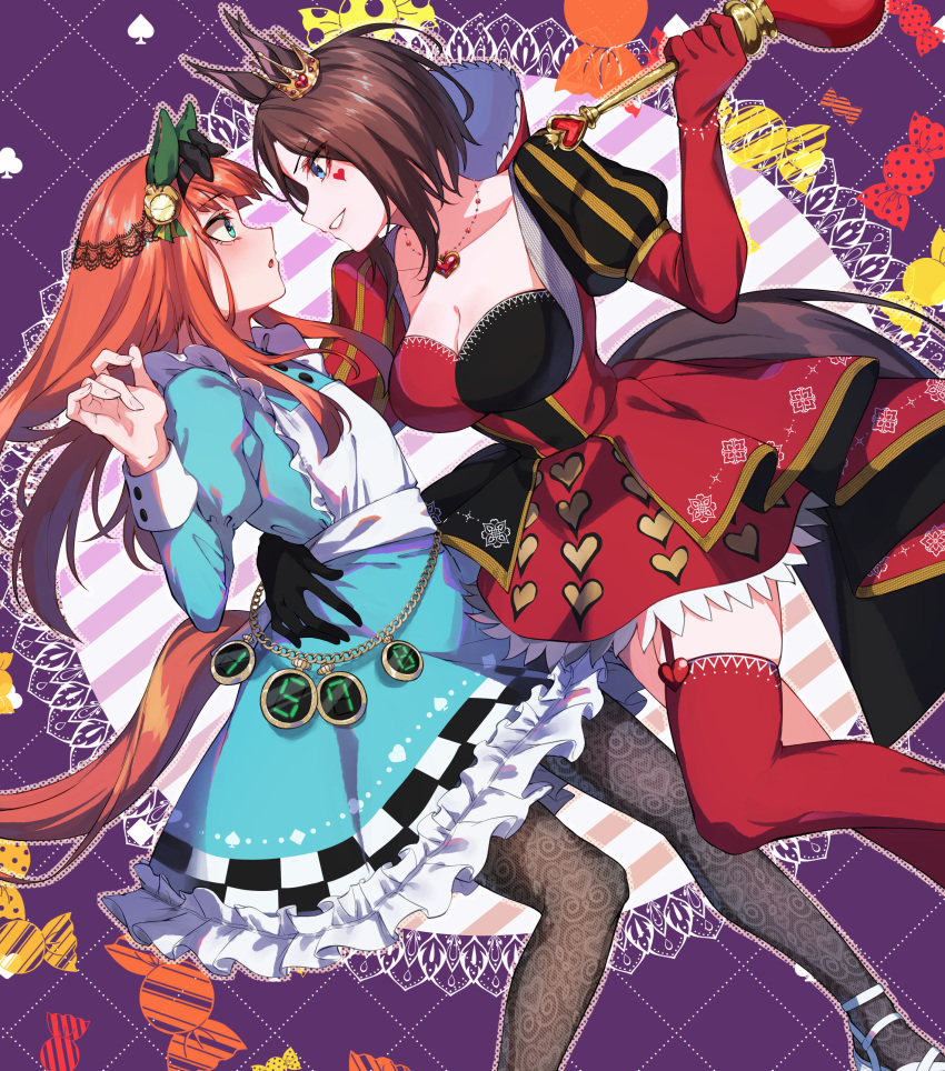 2girls absurdres air_groove_(umamusume) alice_(alice_in_wonderland) alice_(alice_in_wonderland)_(cosplay) alice_in_wonderland animal_ears aqua_eyes black_hair blue_eyes breasts cleavage cosplay frills gloves halloween hand_on_another's_hip highres horse_ears horse_girl long_hair looking_at_another multiple_girls queen_of_hearts_(alice_in_wonderland) queen_of_hearts_(alice_in_wonderland)_(cosplay) red_thighhighs short_hair silence_suzuka_(umamusume) sugamo_(rainysnowy108) thighhighs umamusume yuri