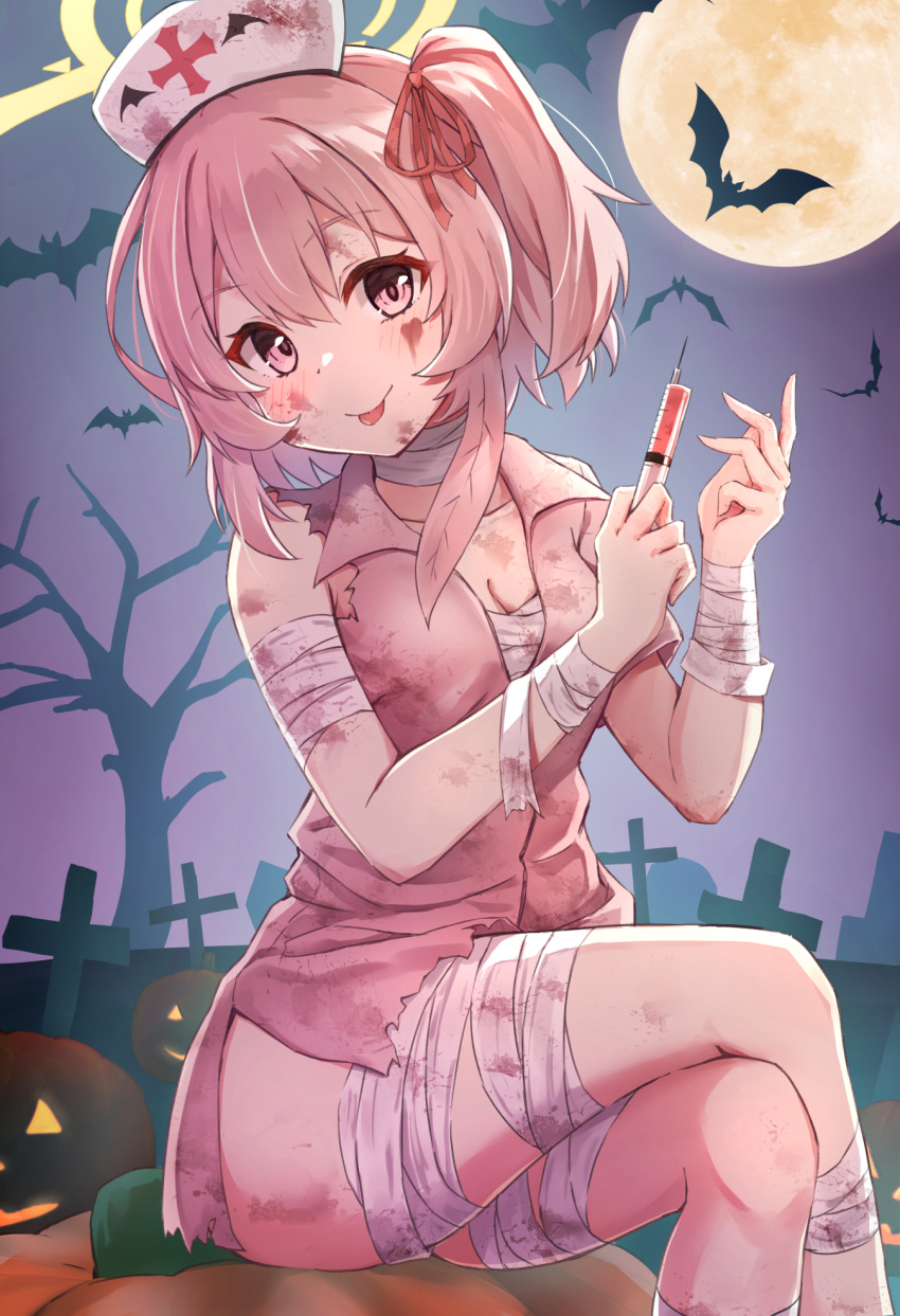 animal ass bandaged_arm bandaged_chest bandaged_leg bandages bat_(animal) blue_archive blush breasts cleavage closed_mouth collarbone dress feet_out_of_frame female graveyard hair_between_eyes hair_ribbon halloween halloween_costume halo hat highres holding holding_syringe jack-o'-lantern looking_at_viewer matsu520 md5_mismatch nurse_cap one_side_up pink_dress pink_eyes pink_hair red_ribbon ribbon serina_(blue_archive) serina_(nurse)_(blue_archive) short_hair short_sleeves smile solo syringe tombstone tongue tongue_out white_hat yellow_halo