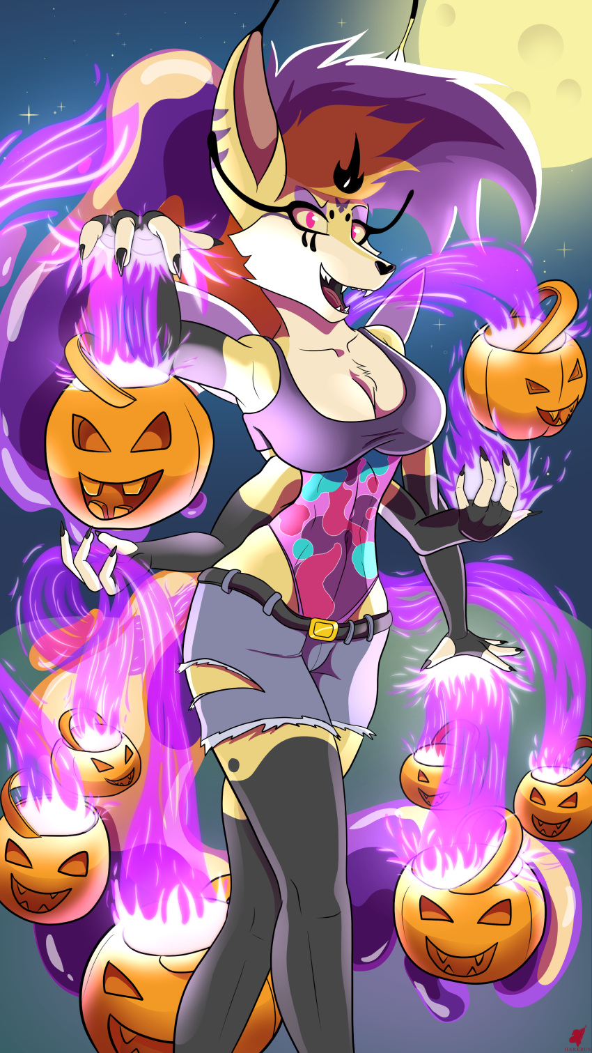 4_arms 4k 9:16 absurd_res anthro bottomwear breasts cleavage clothed clothing demon denim denim_bottomwear denim_clothing female food fruit halloween harkrun helluva_boss hi_res holidays jeans magic magic_user moon multi_arm multi_limb night pants plant pumpkin queen_bee-lzebub_(helluva_boss) solo