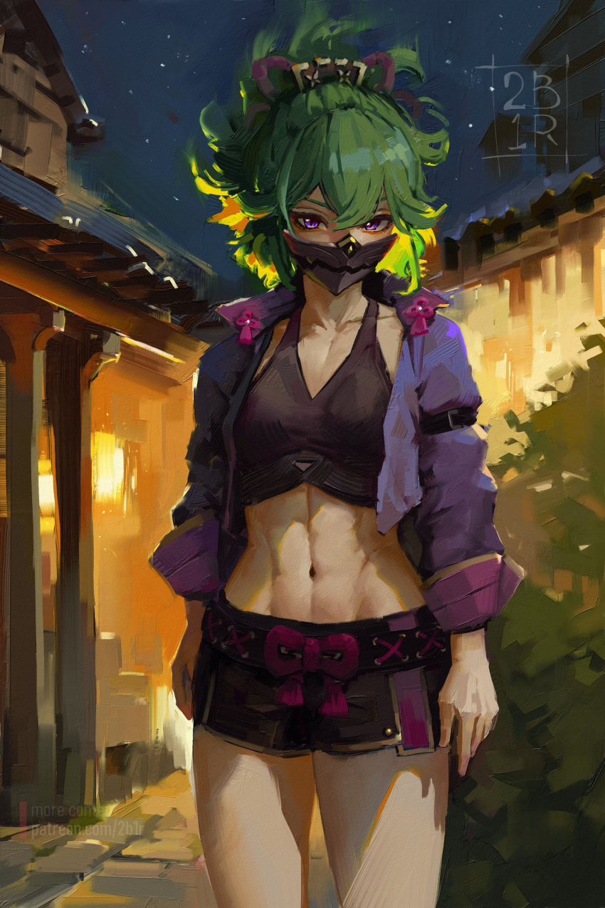 abs absurdres artist_name black_mask breasts building bush city_lights collarbone commentary crop_top cropped_jacket faux_traditional_media female genshin_impact green_hair hair_between_eyes hair_ornament highres impasto jacket kuki_shinobu long_hair looking_at_viewer mask midriff mouth_mask navel night night_sky ninja_mask outdoors painterly ponytail purple_eyes purple_jacket purple_rope ravine_bells rope short_shorts shorts sky solo standing star_(sky) starry_sky upper_body