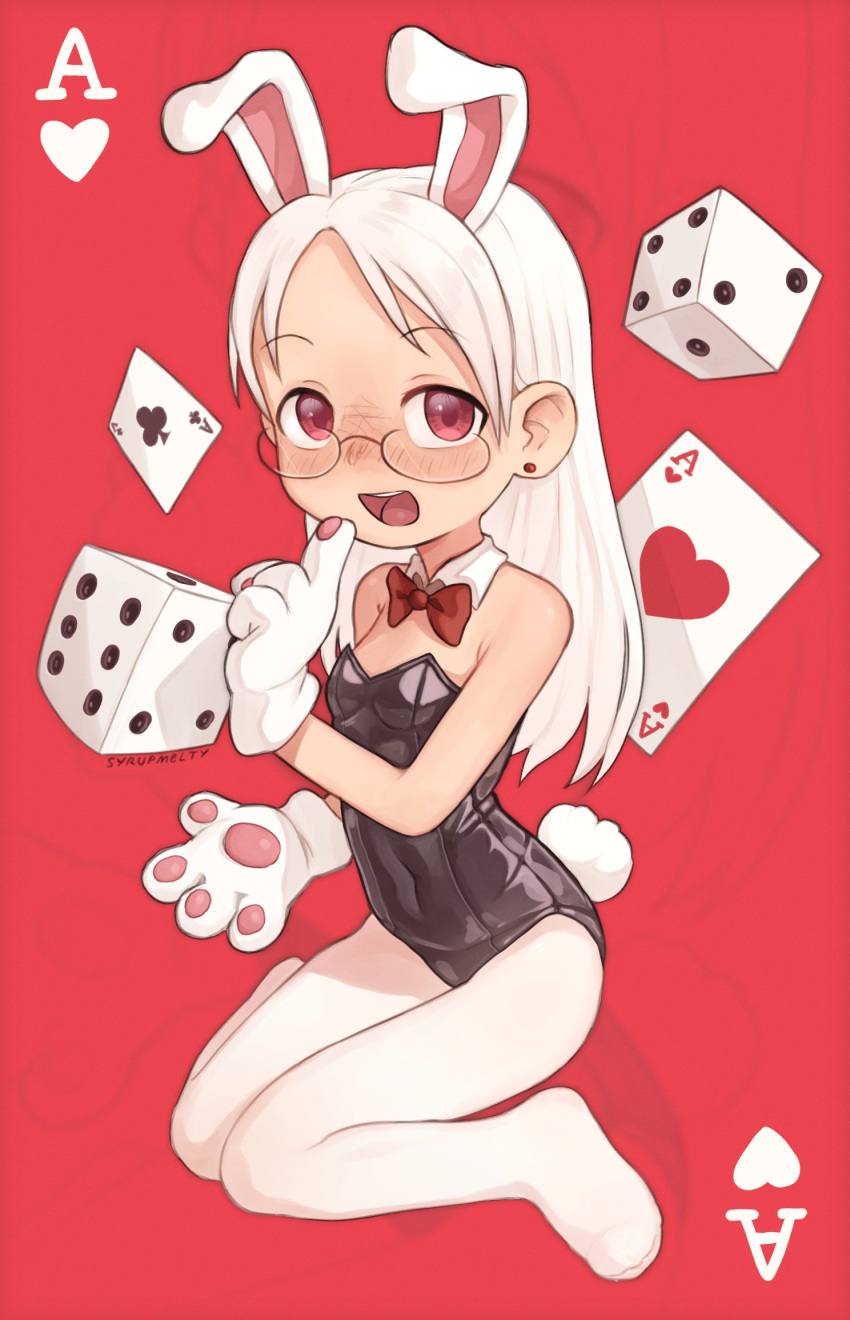 animal_ears animal_hands bad_id bad_twitter_id bare_shoulders black_leotard bow card dice earrings female finger_to_mouth full_body glasses gloves highres jewelry leotard long_hair no_shoes open_mouth original pantyhose paw_gloves playboy_bunny playing_card rabbit_ears rabbit_girl rabbit_tail red_background red_bow red_eyes sitting solo stud_earrings syrupmelty tail tareme wariza white_hair white_pantyhose