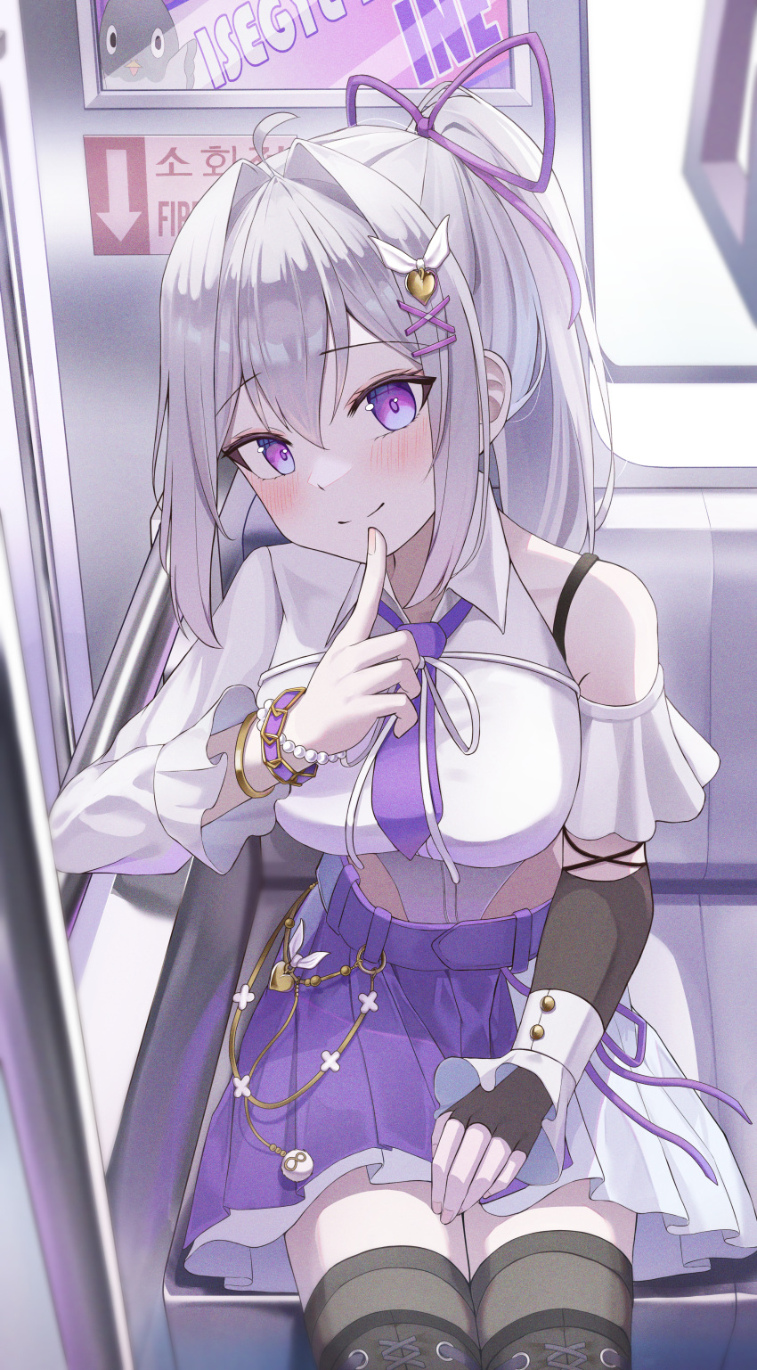 absurdres arch_a4 asymmetrical_clothes black_thighhighs blush breasts character_name copyright_name crop_top cropped_shirt female finger_to_mouth hair_intakes hair_ribbon highres index_finger_raised ine_(vtuber) large_breasts long_hair looking_at_viewer miniskirt necktie off-shoulder_shirt off_shoulder petticoat pleated_skirt ponytail purple_eyes purple_necktie purple_ribbon purple_skirt ribbon shirt shushing sidelocks single_bare_shoulder sitting skirt smile solo thighhighs train_interior virtual_youtuber waktaverse white_hair zettai_ryouiki