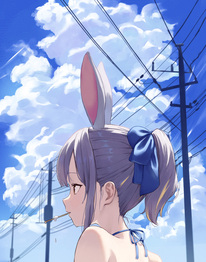 absurdres animal_ears blue_bow blue_ribbon blue_sky bow brown_eyes cloud commentary_request day female from_behind from_side grey_hair hair_ribbon hairbow highres indie_virtual_youtuber long_hair mochizuki_himari power_lines rabbit_ears ribbon sidelocks sky solo tansui_san_(tcjp4784) utility_pole virtual_youtuber