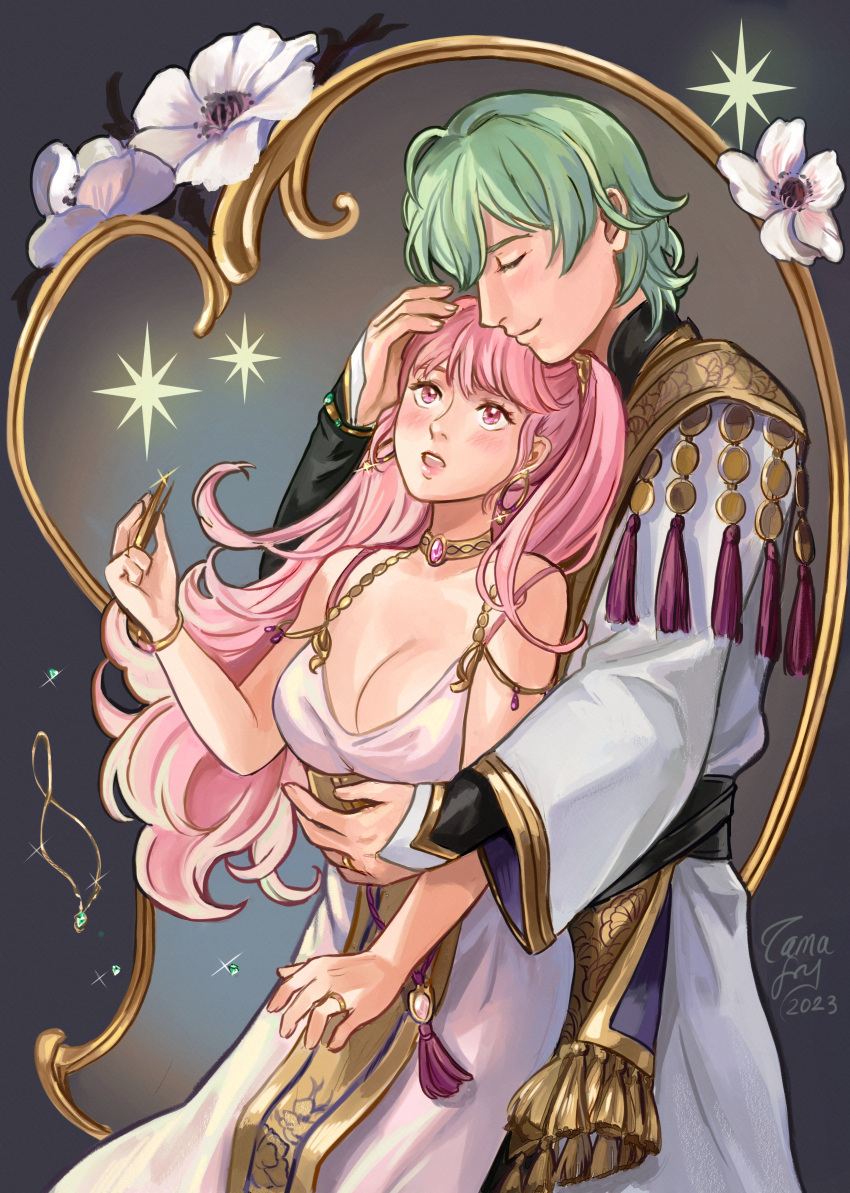 1boy absurdres alternate_costume artist_name breasts byleth_(fire_emblem) byleth_(male)_(fire_emblem) cleavage dress earrings english_commentary enlightened_byleth_(male) female fire_emblem fire_emblem:_three_houses green_hair highres hilda_valentine_goneril hoop_earrings hug hug_from_behind jewelry large_breasts light_blush lipstick long_hair looking_at_another makeup official_alternate_costume parted_lips pink_eyes pink_hair ring smile straight tamafry twintails white_dress