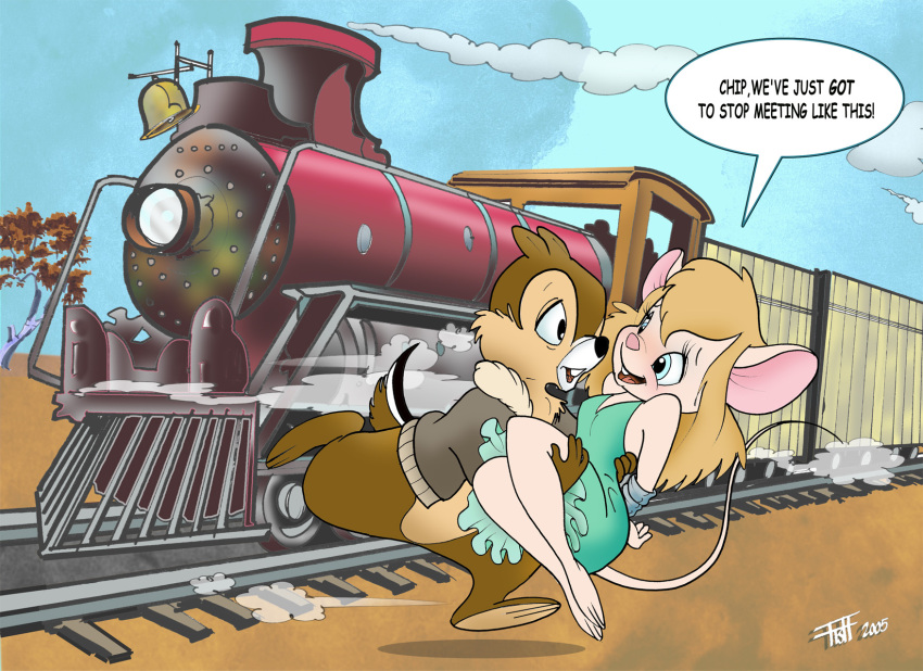 2005 anthro black_nose blonde_hair bottomless bound brown_body brown_fur chip_'n_dale_rescue_rangers chip_(disney) chipmunk chris_fischer clothed clothing disney dress duo english_text female fur gadget_hackwrench ground_squirrel hair hi_res locomotive long_hair male male/female mammal mouse murid murine open_clothing open_shirt open_topwear pink_nose rodent sciurid shirt steam_locomotive tail tan_body tan_fur text topwear train vehicle