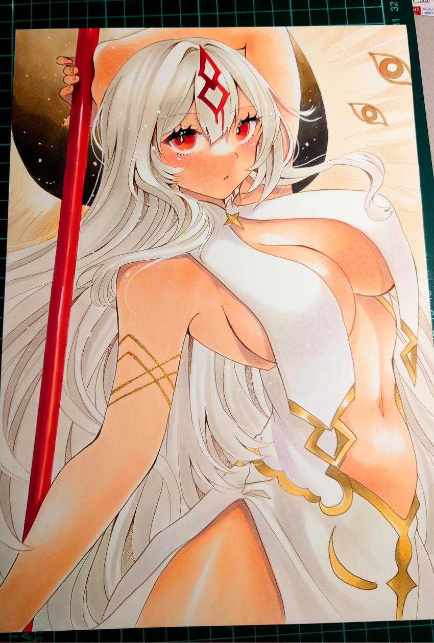 angel_wings azur_lane breast_curtains breasts center_opening dark-skinned_female dark_skin dress female hair_between_eyes highres jewelry large_breasts long_hair looking_at_viewer marker_(medium) mimi_(mini1474) navel parted_lips photo_(medium) red_eyes revealing_clothes sao_martinho_(azur_lane) solo stomach traditional_media white_dress white_hair white_wings wings