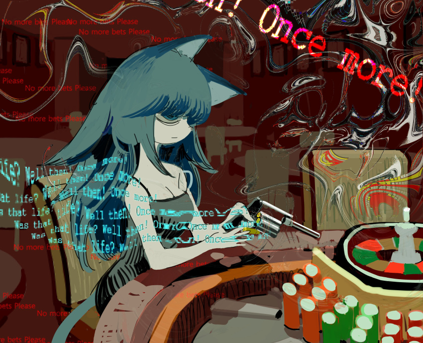 absurdres animal_ears bags_under_eyes blue_eyes blue_hair breasts cat_ears cat_girl cat_tail cleavage closed_mouth distortion dress english_text female from_side gambling gesabibi_(savivi_ovo) grey_dress gun highres holding holding_gun holding_weapon indoors long_hair looking_ahead on_chair original poker_chip profile reloading revolver roulette_table russian_roulette sanpaku sitting sleeveless sleeveless_dress solo strap_slip table tail weapon