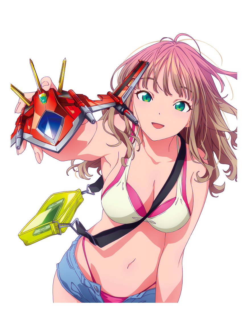 absurdres alternate_breast_size bag bare_shoulders between_breasts bikini breasts brown_hair cellphone cleavage collarbone cover denim denim_shorts dyna_wing dynazenon_(character) extraction female gradient_hair green_eyes gridman_universe heart highleg highleg_bikini highres holding layered_bikini looking_at_viewer medium_breasts medium_hair megami_magazine minami_yume multicolored_hair navel non-web_source official_art open_mouth phone pink_bikini pink_hair pink_shorts sakamoto_masaru short_shorts shorts simple_background smartphone smile solo ssss.dynazenon strap_between_breasts swimsuit transparent_background unbuttoned waifu2x wavy_hair