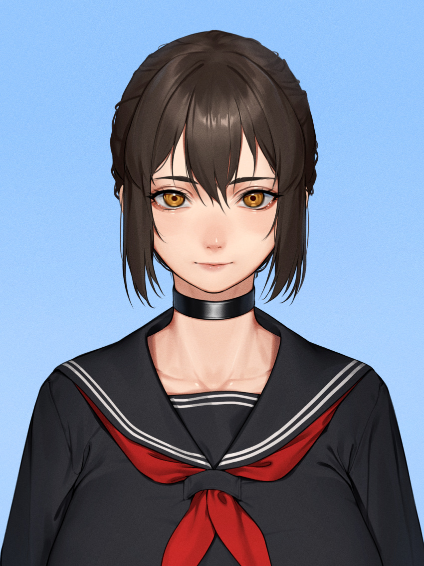 beeeeen black_choker black_hair black_sailor_collar black_serafuku blue_background breasts choker closed_mouth commentary commission female hair_between_eyes highres large_breasts looking_at_viewer neckerchief original pixiv_commission portrait red_neckerchief sailor_collar school_uniform serafuku short_hair sidelocks simple_background solo straight-on yellow_eyes