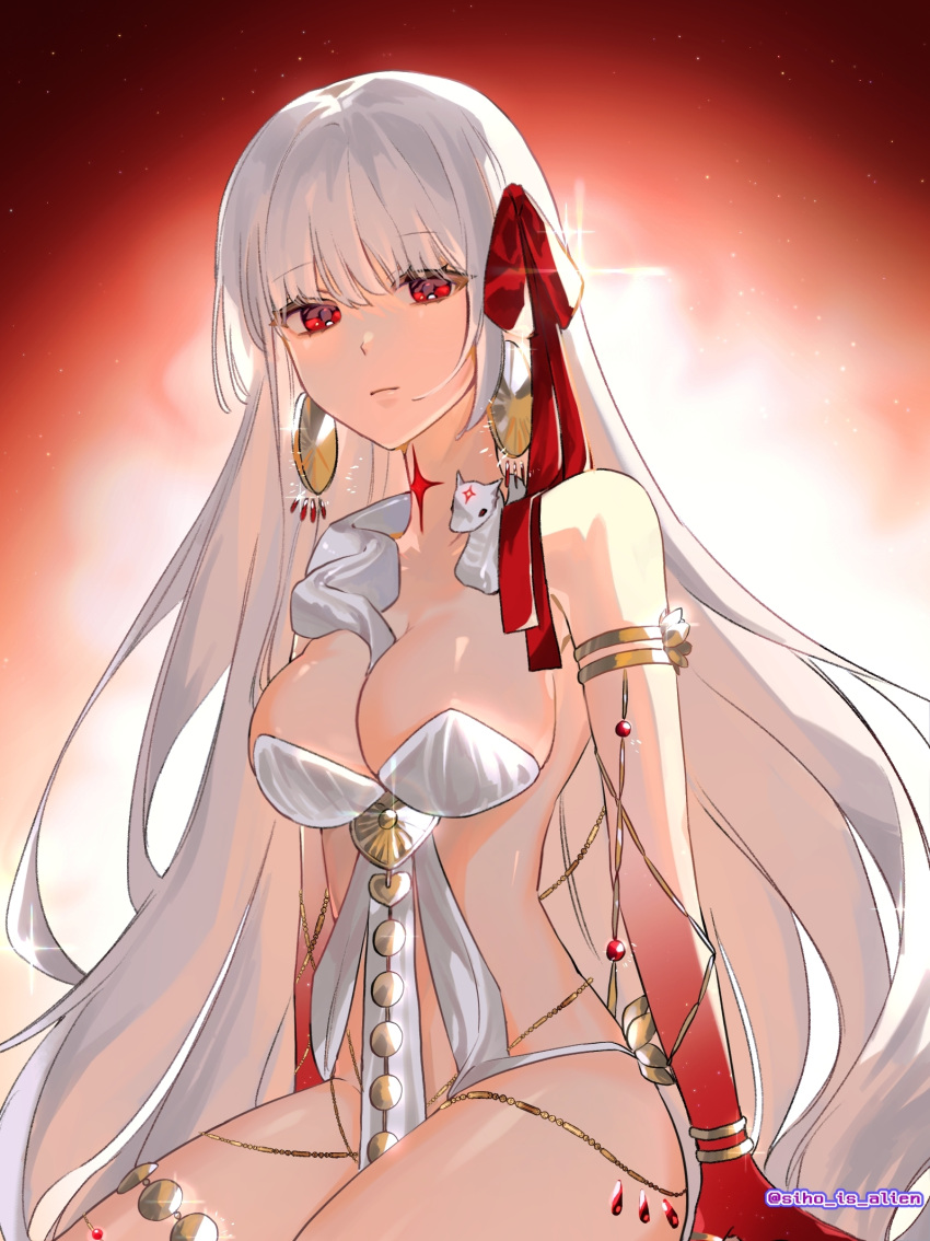 breasts cleavage durga_(fate) earrings fate/grand_order fate_(series) female highres hime_cut jewelry large_breasts long_hair night night_sky red_eyes siho_is_alien sky snake thighs white_hair