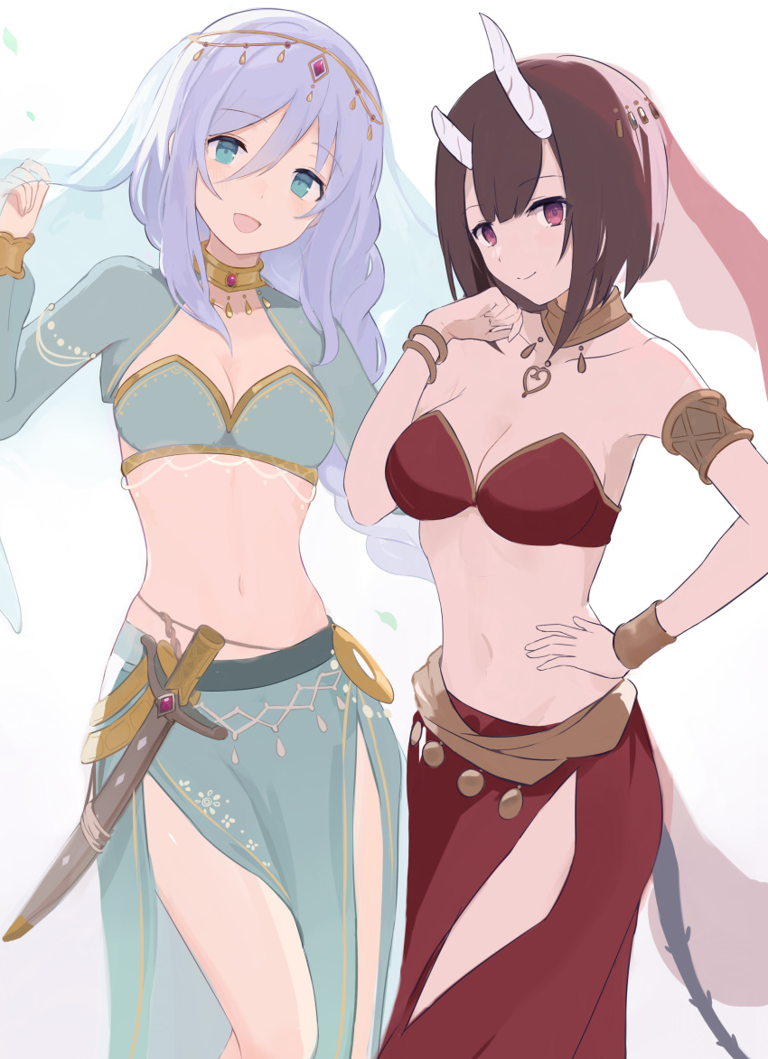 2girls absurdres aqua_bra aqua_eyes aqua_shrug aqua_skirt arabian_clothes armlet armpits asymmetrical_horns bandeau bare_shoulders belly_dancing black_hair bra breasts brown_collar circlet cleavage closed_mouth clothing_cutout collar collarbone commentary dancer demon_girl demon_horns demon_tail double-parted_bangs eriko_(princess_connect!) feet_out_of_frame gold_collar gold_trim hair_between_eyes hand_up harem_outfit harem_pants head_tilt highres holding holding_own_hair horns large_breasts long_sleeves looking_at_viewer medium_breasts midriff multiple_girls navel onigiri_noe open_mouth pants pelvic_curtain princess_connect! purple_hair red_bra red_eyes red_pants red_veil shizuru_(princess_connect!) short_hair shrug_(clothing) simple_background skirt smile stomach strapless strapless_bra sword tail thigh_cutout underwear veil weapon white_background white_horns white_veil wristlet