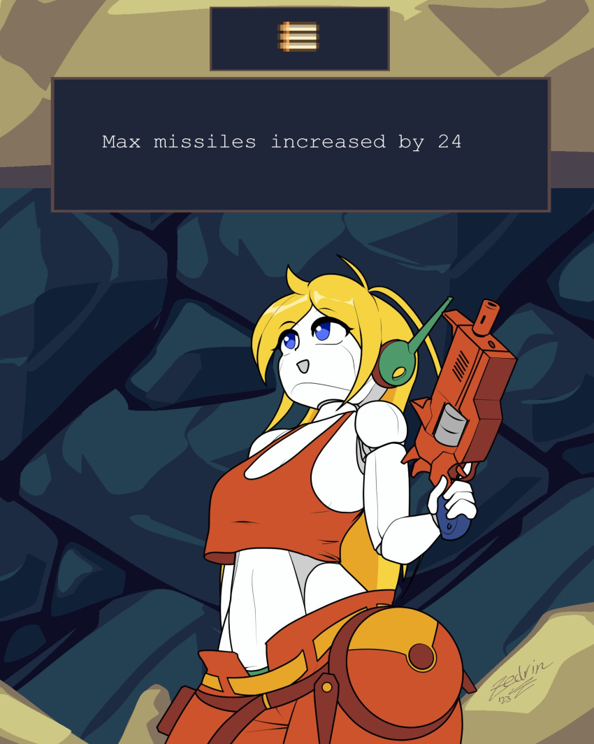 ahoge android blonde_hair blue_eyes bottomwear breasts cave_story clothing curly_brace female gameplay_mechanics gun hair hi_res humanoid looking_up machine midriff navel not_furry open_mouth pants ranged_weapon robot signature smile solo text topwear weapon white_body wide_hips zedrin