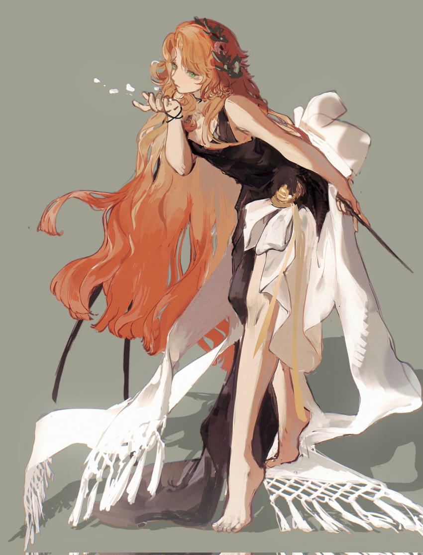 bare_legs barefoot black_dress blowing bow bracelet dress druvis_iii female full_body green_eyes head_wreath highres holding holding_wand jewelry leaning_forward long_hair orange_hair petals reverse:1999 scarf solo standing tiptoes toes very_long_hair wand white_bow white_scarf xiao_dao_(kojimarie)