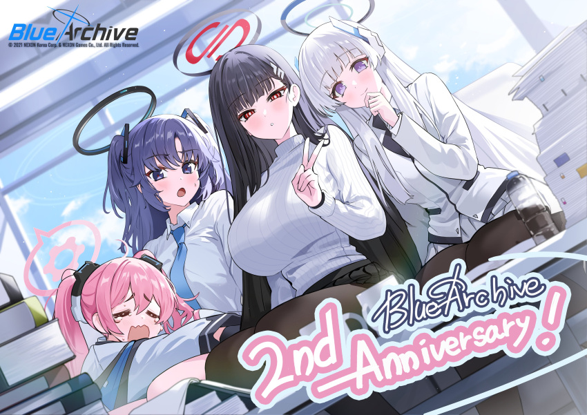 4girls absurdres black_hair black_pantyhose blue_archive blush book book_stack breasts closed_eyes cloud collared_shirt copyright_name day english_commentary halo highres huge_breasts indoors jacket koyuki_(blue_archive) logo long_hair long_sleeves looking_at_viewer mechanical_halo multiple_girls noa_(blue_archive) official_art open_mouth pantyhose paper paper_stack parted_lips pink_hair red_eyes ribbed_sweater rio_(blue_archive) seminar_(blue_archive) shirt sitting sky sweater tears turtleneck turtleneck_sweater twintails two_side_up v white_hair white_shirt white_sweater yuki_(asayuki101) yuuka_(blue_archive)