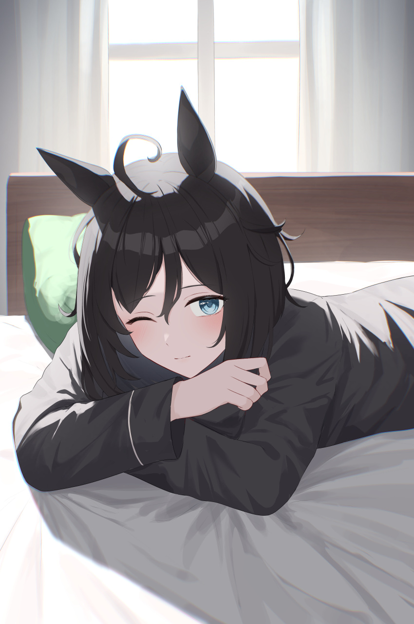 absurdres ahoge alternate_costume anima_miko animal_ears bed bed_sheet black_hair black_pajamas blue_eyes blush closed_mouth commentary_request crossed_arms curtains ear_ornament eishin_flash_(umamusume) female hair_between_eyes highres horse_ears horse_girl indoors lying messy_hair on_bed on_stomach pajamas pillow short_hair smile solo umamusume upper_body