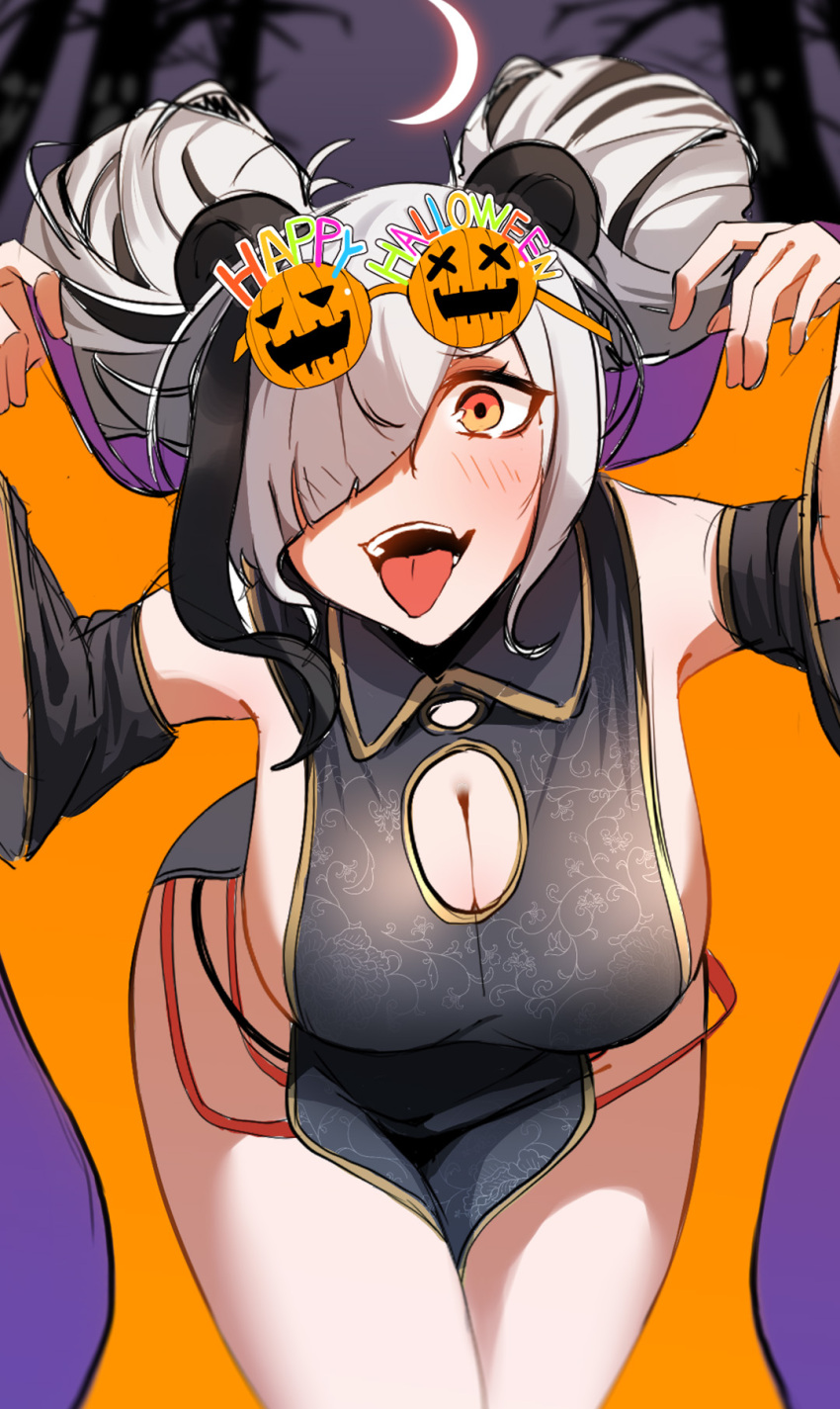 arknights bare_shoulders blush breasts china_dress chinese_clothes cleavage cleavage_cutout cloak clothing_cutout cowboy_shot crescent detached_sleeves dress ert_raitsui feater_(arknights) female ghost_pose halloween highres looking_at_viewer oerba_yun_fang open_mouth orange_eyes skin_fang smile solo tongue tongue_out