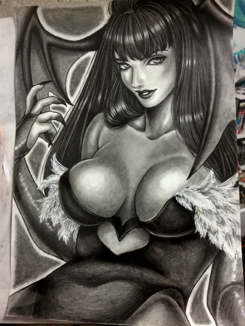 absurdres bad_id bad_pixiv_id bare_shoulders breasts claws cleavage cleavage_cutout clothing_cutout collarbone commentary drawing_(object) feather_trim female graphite_(medium) greyscale head_wings highres inuono_mama large_breasts leotard lips long_hair looking_at_viewer monochrome morrigan_aensland navel pantyhose parted_lips photo_(medium) solo traditional_media vampire_(game) wings