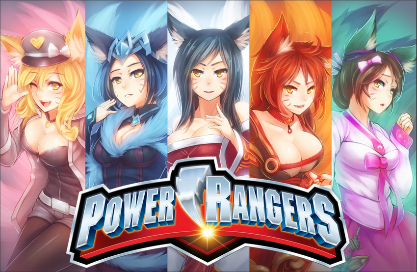 5girls :p ;d ahri_(league_of_legends) alternate_costume alternate_hair_color alternate_hair_length alternate_hairstyle animal_ears bare_shoulders belt black_hair black_legwear blonde_hair blue_hair bow breasts brown_hair bug butterfly choker cleavage cleavage_cutout clenched_hand clothing_cutout column_lineup cosplay cowboy_shot detached_sleeves dress dynasty_ahri eyeshadow facial_mark fangs fingernails fox_ears fox_tail foxfire_ahri fur_trim girls'_generation grin hair_between_eyes hair_bun hair_ornament hair_ribbon hair_stick hairbow hand_up hat hat_bow heart heart_necklace helmet jacket jewelry korean_clothes large_breasts league_of_legends logo long_fingernails long_hair long_sleeves makeup midnight_ahri multiple_girls multiple_persona multiple_tails nail_polish necklace one_eye_closed open_clothes open_jacket open_mouth pantyhose pantyhose_under_shorts parody parted_bangs peaked_cap pendant popstar_ahri power_rangers raised_eyebrows red_hair ribbon ricegnat rope short_hair short_shorts shorts single_hair_bun sleeves_past_wrists smile swept_bangs tail tassel tongue tongue_out turtleneck underboob waving whisker_markings yellow_eyes zipper