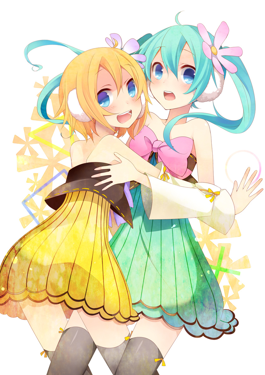 2girls absurdres ahoge aqua_hair bad_id bad_pixiv_id bare_shoulders blonde_hair blue_eyes bow cheerful_candy_(module) colorful_drop_(module) colorful_x_melody_(vocaloid) dress flower hair_flower hair_ornament hatsune_miku highres kagamine_rin long_hair multiple_girls open_mouth project_diva_(series) project_diva_2nd short_hair temari_(deae) thighhighs twintails vocaloid