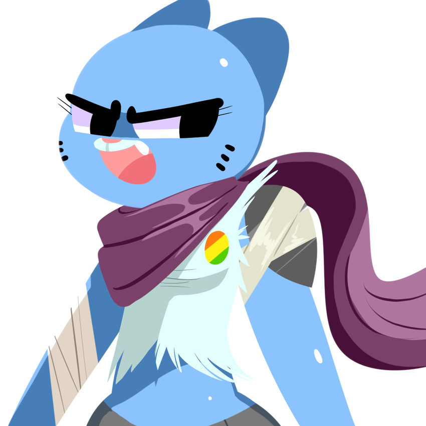 1:1 2016 alpha_channel anthro bandage blue_body blue_fur cartoon_network clothed clothing digital_media_(artwork) domestic_cat felid feline felis female flutteringpie fur hi_res mammal mature_anthro mature_female midriff navel nicole_watterson scarf shoulder_pads simple_background solo the_amazing_world_of_gumball torn_clothing whiskers