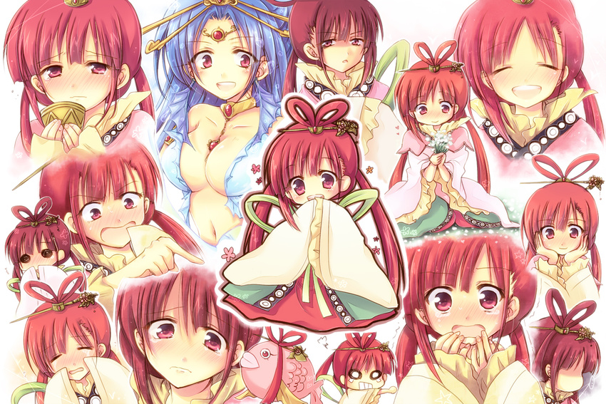 :d ^_^ alternate_hair_color blue_hair blush breasts chibi closed_eyes collarbone commentary_request cup female flower grin hair_ornament hair_rings hair_stick holding holding_flower large_breasts long_hair looking_at_viewer magi_the_labyrinth_of_magic miyata_(miyatami07) multiple_views open_mouth red_hair ren_kougyoku smile solid_circle_eyes tears twintails very_long_hair