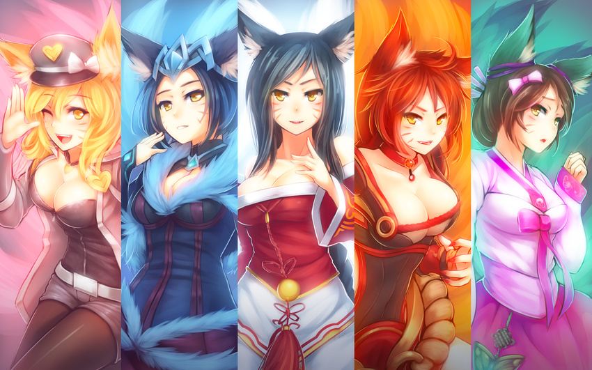 5girls :p ;d ahri_(league_of_legends) alternate_hair_color alternate_hair_length alternate_hairstyle animal_ears bare_shoulders belt black_hair black_legwear blonde_hair blue_hair bow breasts brown_hair bug butterfly choker cleavage cleavage_cutout clenched_hand clothing_cutout column_lineup commentary_request cosplay cowboy_shot detached_sleeves dress dynasty_ahri eyeshadow facial_mark fangs fingernails fox_ears fox_tail foxfire_ahri fur_trim girls'_generation grin hair_between_eyes hair_bun hair_ornament hair_ribbon hair_stick hairbow hand_up hat hat_bow heart heart_necklace helmet highres jacket jewelry korean_clothes large_breasts league_of_legends long_fingernails long_hair long_sleeves makeup midnight_ahri multiple_girls multiple_persona multiple_tails nail_polish necklace official_alternate_costume one_eye_closed open_clothes open_jacket open_mouth pantyhose pantyhose_under_shorts parted_bangs peaked_cap pendant popstar_ahri raised_eyebrows red_hair ribbon ricegnat rope short_hair short_shorts shorts single_hair_bun sleeves_past_wrists smile swept_bangs tail tassel tongue tongue_out turtleneck underboob waving whisker_markings yellow_eyes zipper