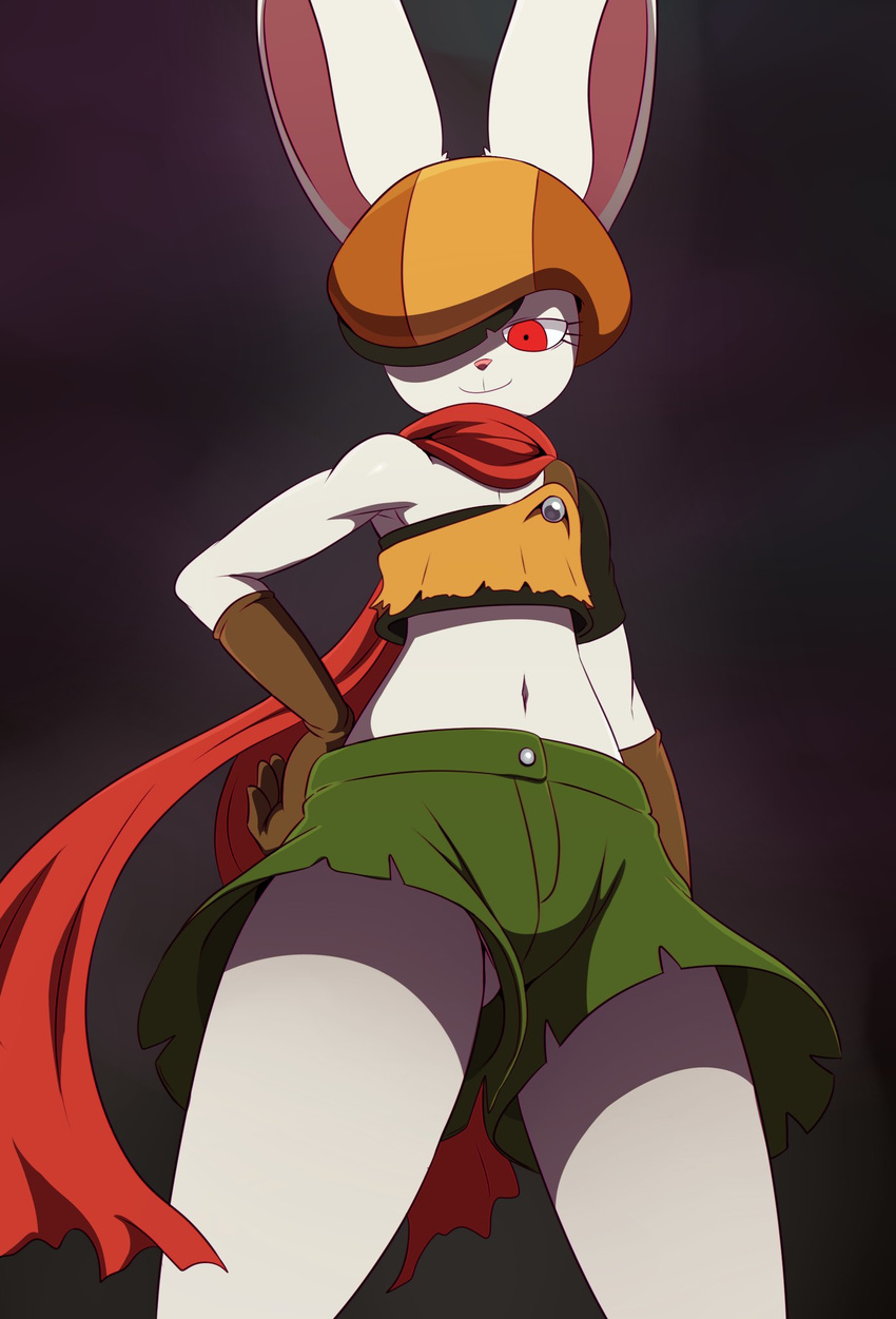 animal_ears bare_legs breasts bunny_ears dragon_ball dragon_ball_super eric_lowery female female furry gloves hat looking_at_viewer no_humans red_eyes red_scarf scarf shorts small_breasts smile sorrel universe_9_(dragon_ball)