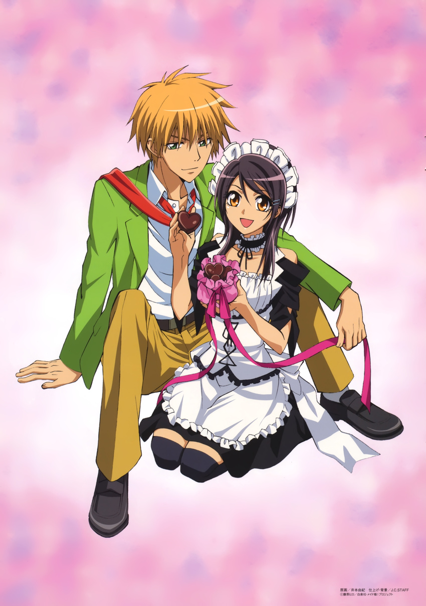 1boy :d absurdres ayuzawa_misaki black_hair black_legwear blonde_hair chocolate choker female green_eyes hair_ornament hairclip headdress highres imoto_yuki kaichou_wa_maid-sama! kneeling long_hair maid maid_headdress necktie open_mouth ribbon school_uniform short_hair smile thighhighs usui_takumi zettai_ryouiki