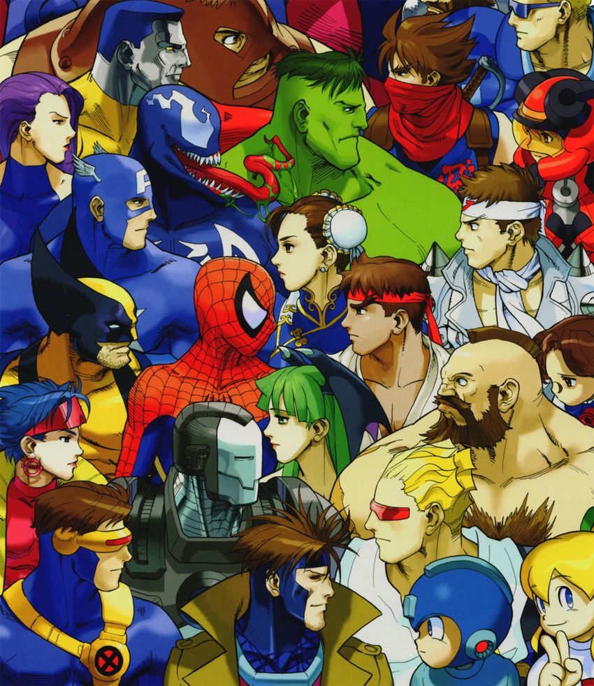 4girls 6+boys beard bengus blonde_hair blue_hair bodysuit brown_hair bun_cover captain_america captain_commando_(character) chest_hair chun-li colossus_(x-men) cyberbots cyclops_(x-men) double_bun earrings facial_hair gambit green_hair green_skin head_wings headband helmet high_collar highres hulk jewelry jubilee juggernaut_(x-men) long_tongue looking_at_another marvel marvel_vs._capcom mohawk morrigan_aensland moustache multiple_boys multiple_girls official_art open_mouth power_armor psylocke purple_hair rockman rockman_(character) roll ryuu_(street_fighter) saotome_jin scarf sharp_teeth shoulder_spikes spider-man spider-man_(series) spikes street_fighter strider_(video_game) strider_hiryuu stubble superhero teeth tongue vampire_(game) venom_(marvel) visor war_machine wolverine x-men zangief