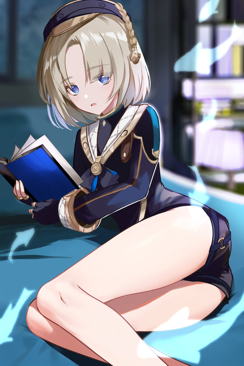 1boy absurdres ass bare_legs black_bodysuit blonde_hair blue_eyes blush bodysuit book freckles freminet_(genshin_impact) genshin_impact hat highres holding holding_book looking_at_viewer male_focus open_mouth otoko_no_ko rrr_gns_(riuriu_1212) short_hair shorts solo